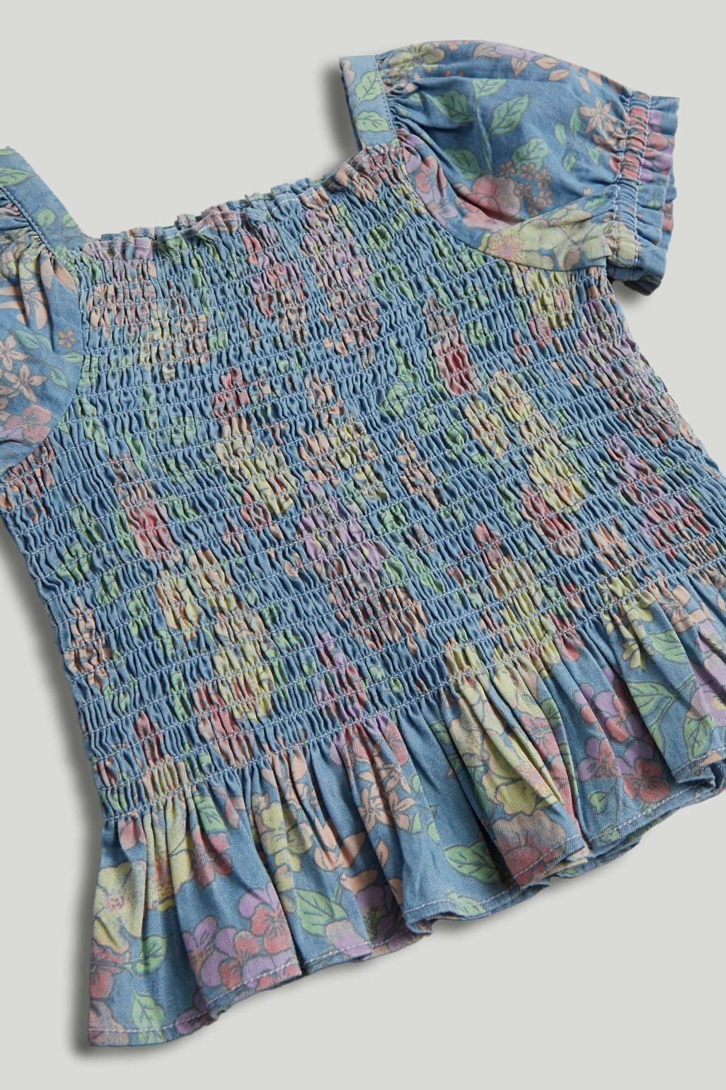 Blue Floral Shirred Blouse