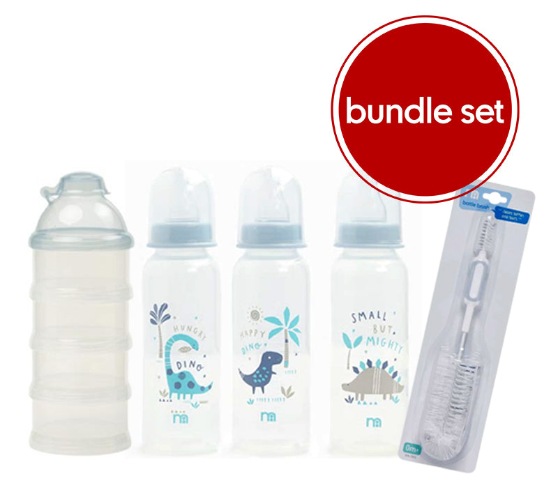 3-Pack Dino Décor Bottles with Bottle Brush & 4-Layer Stacking Milk Powder Dispenser