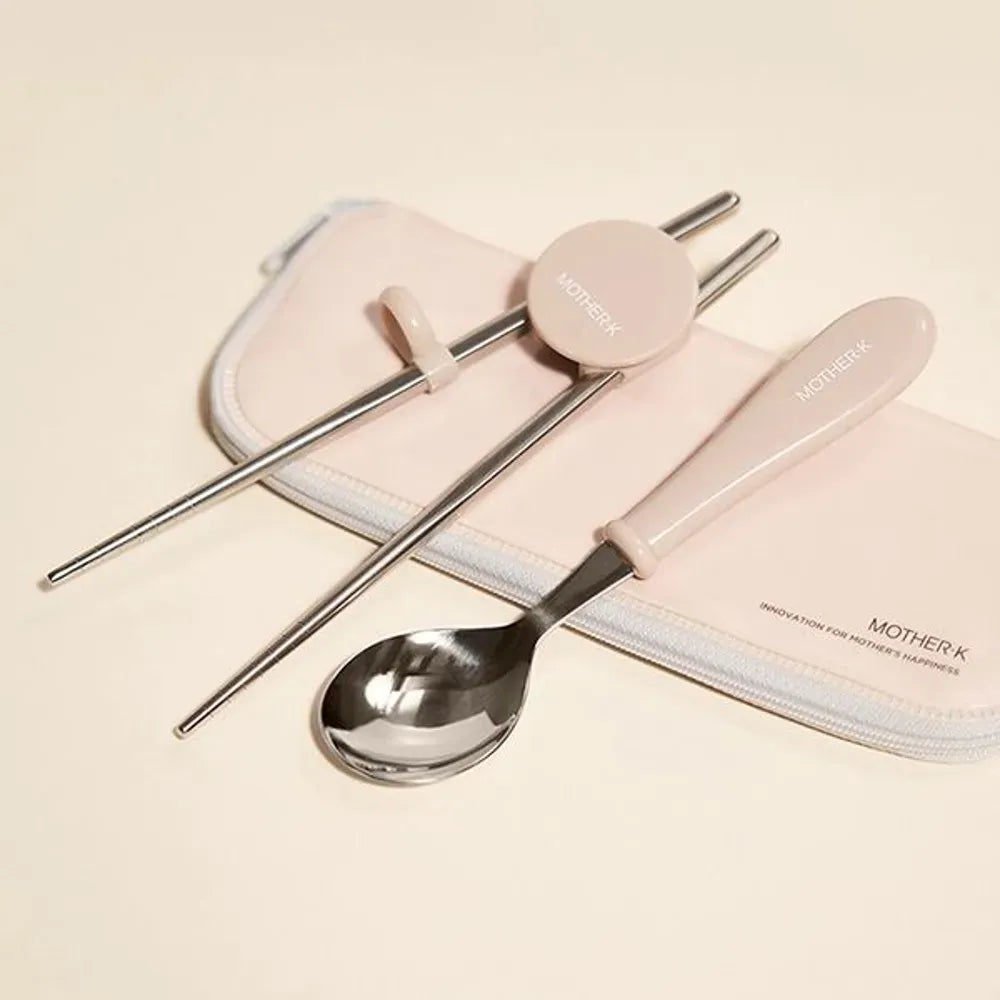 Mother-K Stainless Steel Spoon & Chopsticks With Pouch Beige