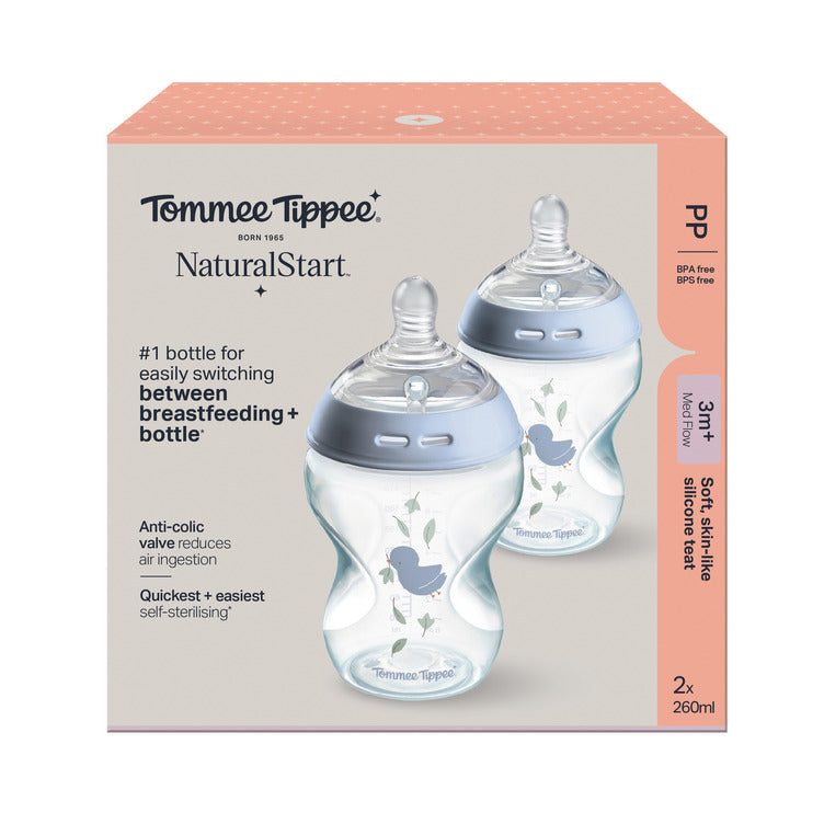 TT PP Bottle 2x 260ml w/silicon teat Blue- Medium flow