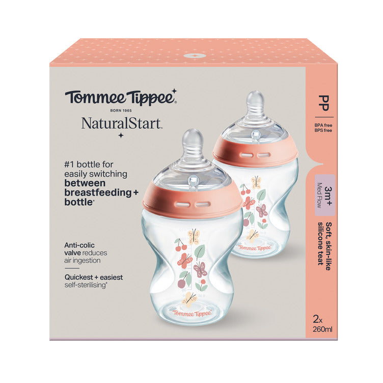 TT PP Bottle 2x 260ml w/silicon teat Pink- Medium flow