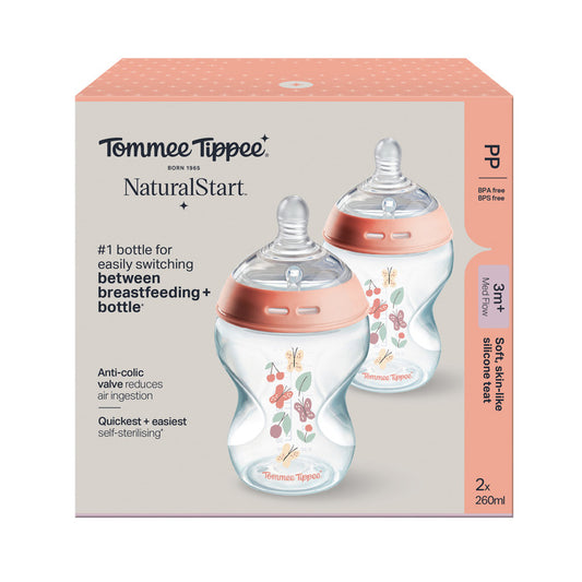 TT PP Bottle 2x 260ml w/silicon teat Pink- Medium flow