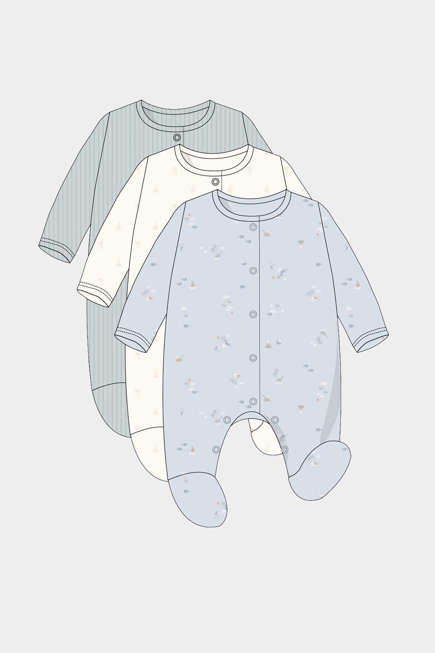 3 Pack Summer Dinosaur Sleepsuits