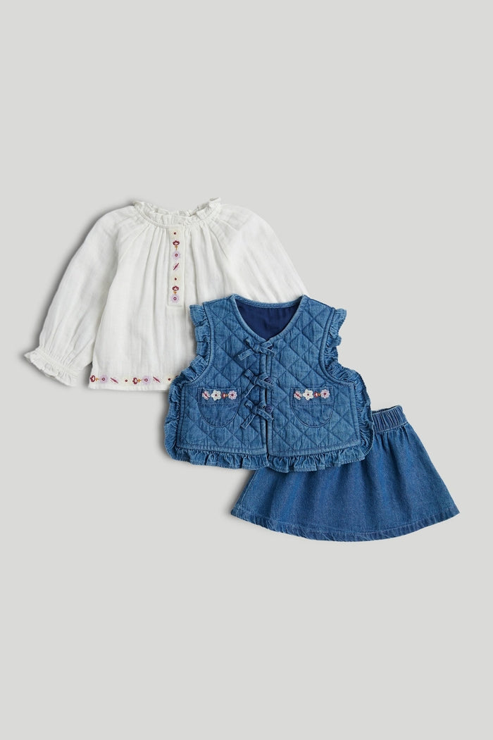 Denim Skirt, Waistcoat and Blouse Set