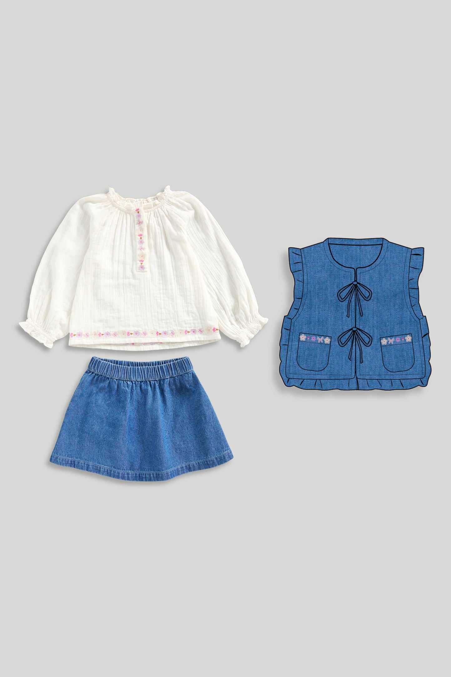 Denim Skirt, Waistcoat and Blouse Set