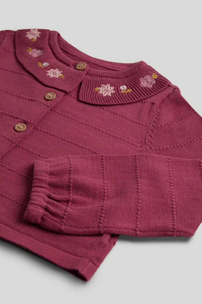Berry Cardigan with Embroidered Collar