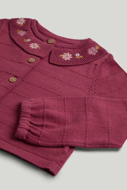 Berry Cardigan with Embroidered Collar
