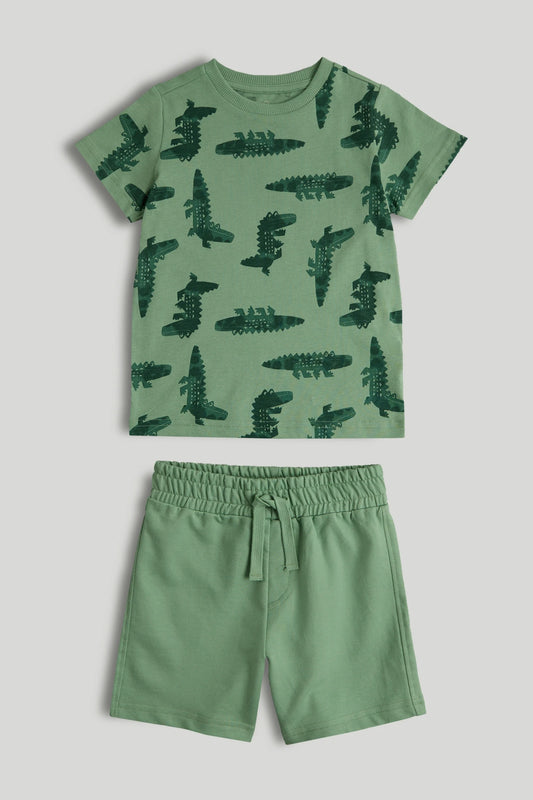 Green Crocodile Shorts and T-Shirt Outfit