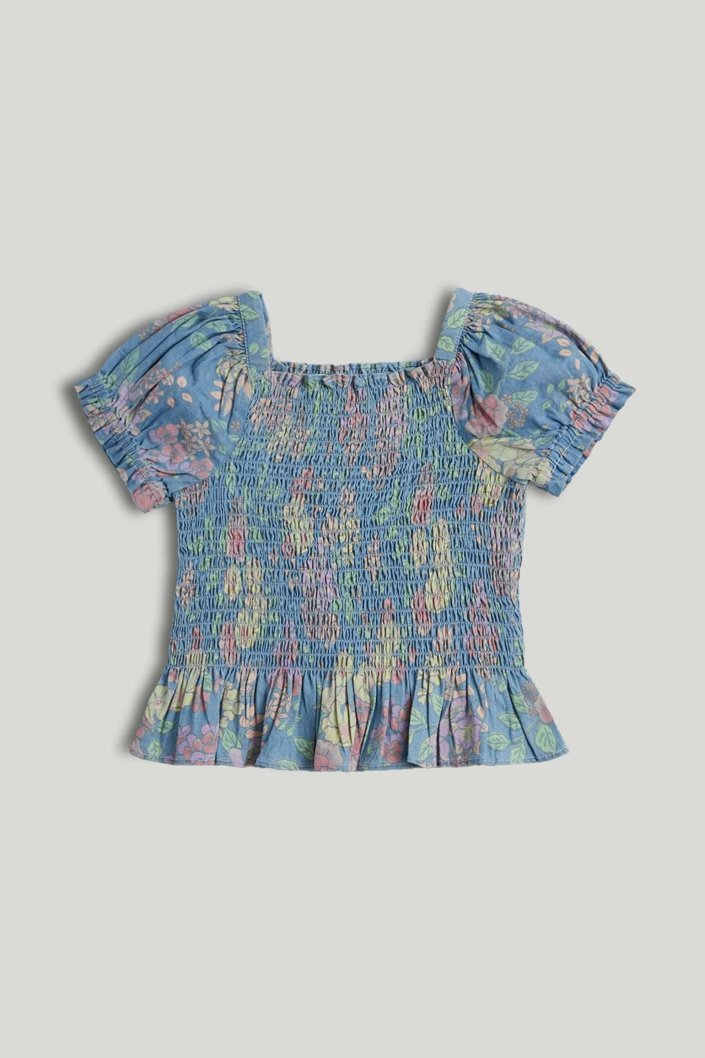 Blue Floral Shirred Blouse