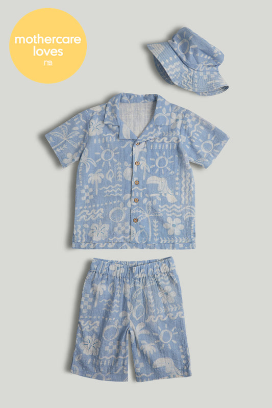 Blue Shirt, Shorts and Hat Outfit