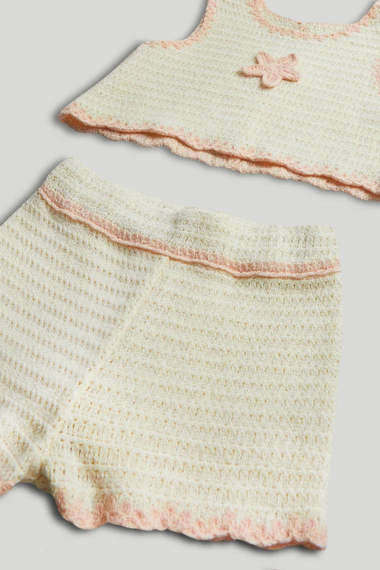 Cream Crochet Top and Shorts Outfit