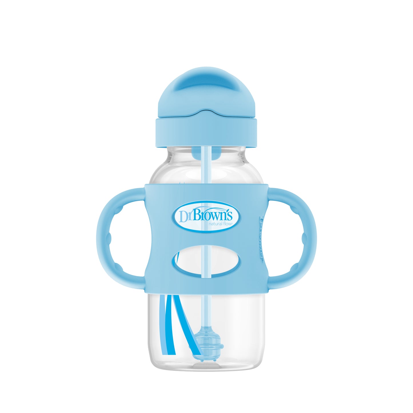 Dr Brown Wide Neck Sippy Straw Bottles W/Silicone Handles Blue 6M+