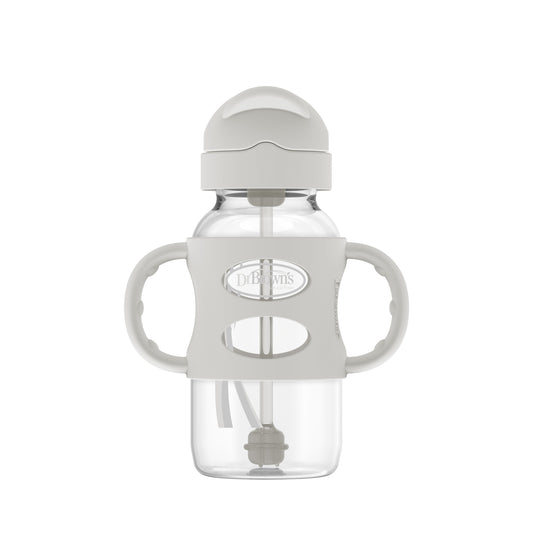 Dr Brown Milestone Wide Neck Sippy Straw Bottles W/Silicone Handles Grey