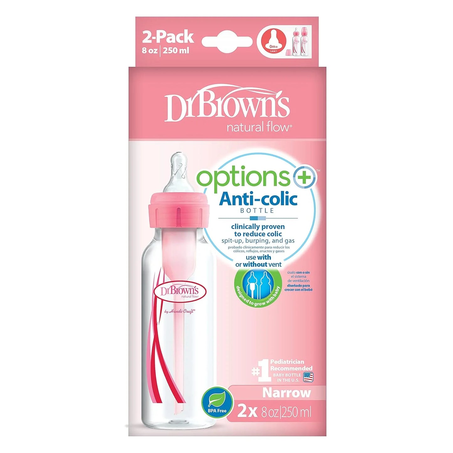 PP Narrow Anti-Colic 8oz/250ML Pink 2pk