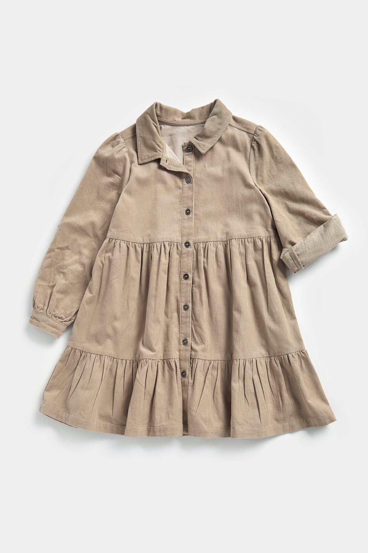 Beige Tiered Fine Wale Corduroy Dress