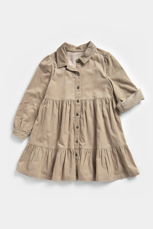 Beige Tiered Fine Wale Corduroy Dress