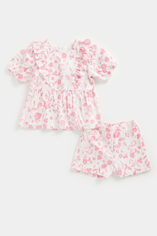 Pink Floral Linen Blouse and Shorts Set