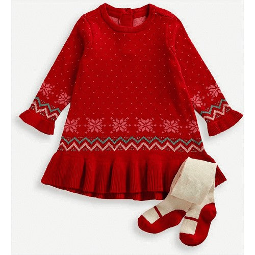Red Fair Isle Knitted Dress and Tights Set