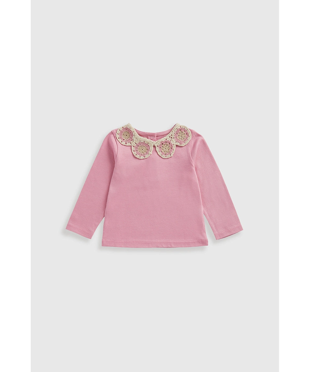 Pink T-Shirt with Crochet Collar