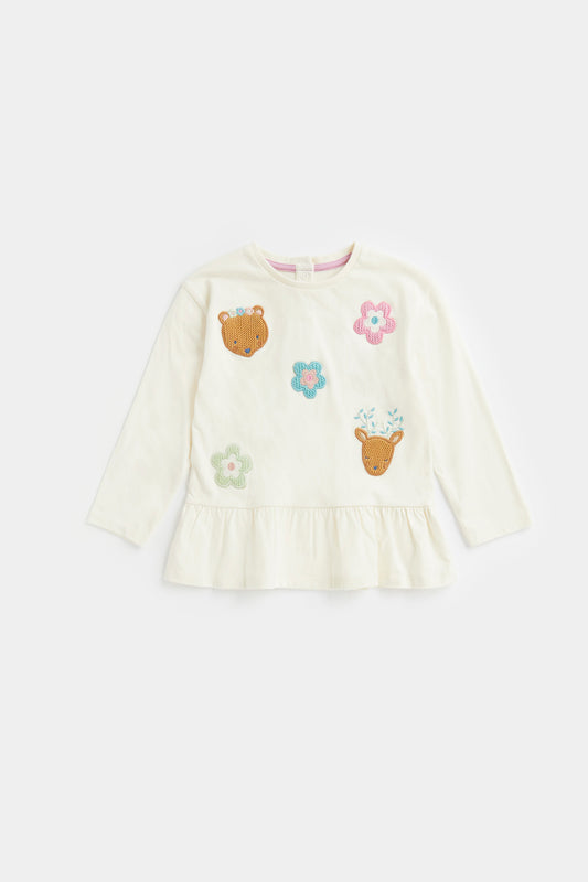 Cream Peplum Long-Sleeved T-Shirt