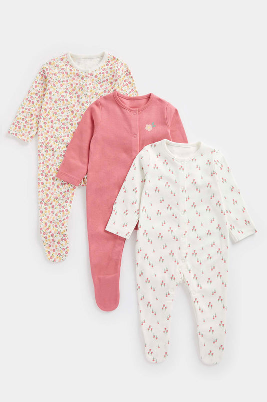 Tulip Floral Baby Sleepsuits - 3 Pack