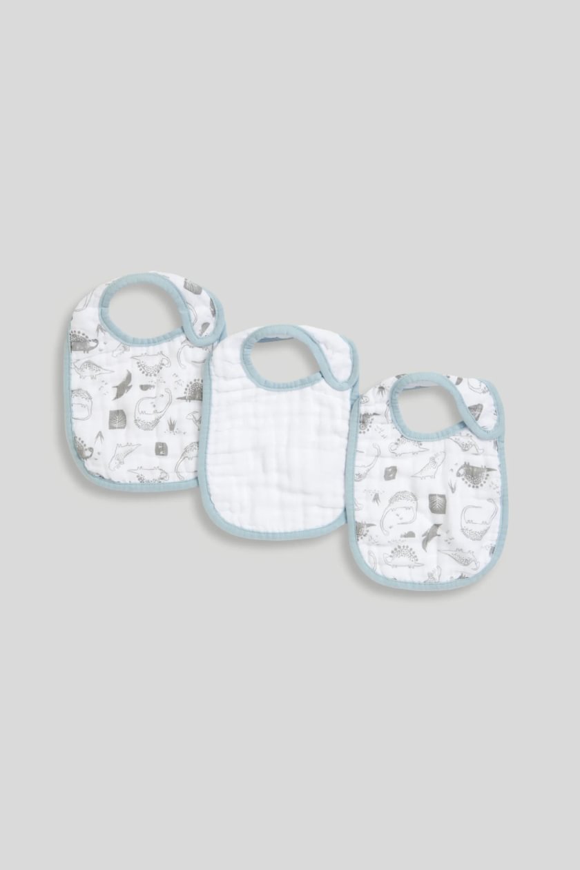 Newborn Blue-Dino Muslin Bibs 3pk