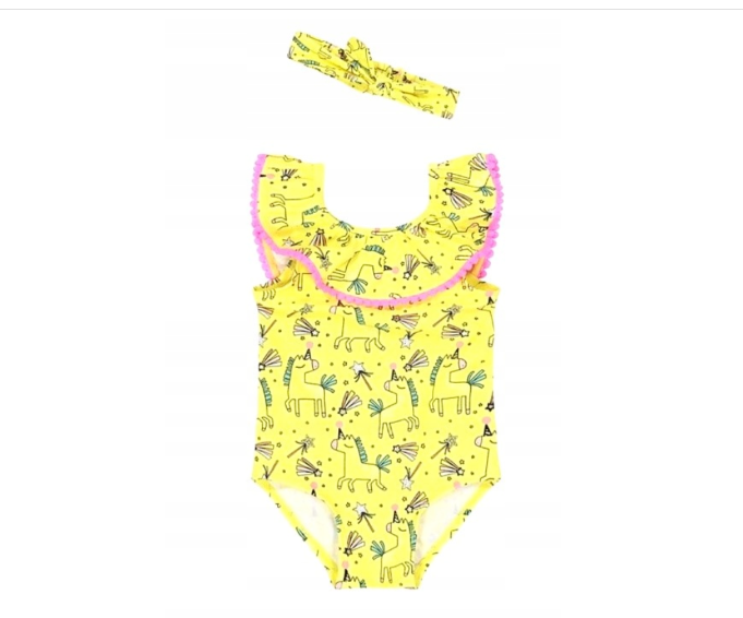 Unicorn Print Neon Yellow Swimsuit with Headband