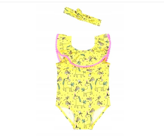 Unicorn Print Neon Yellow Swimsuit with Headband