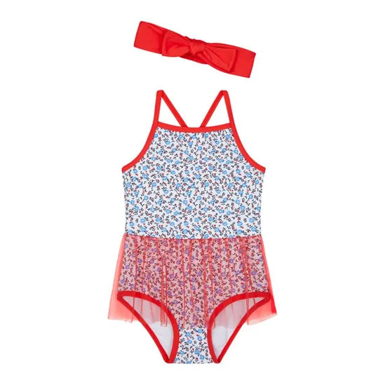 Red Floral Swimsuit with Headband