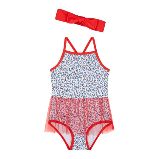 Red Floral Swimsuit with Headband