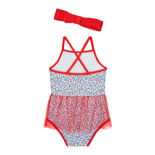 Red Floral Swimsuit with Headband